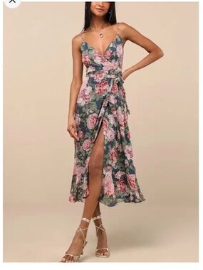 Floral Navy and Pink Spaghetti-Strap Midi Wrap Dress